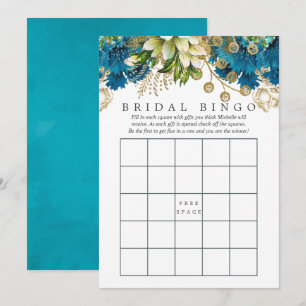 Invitación Bingo de ducha de novia verde azulada y dorada Sha