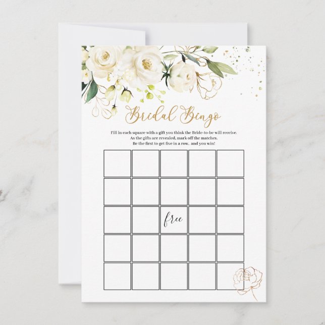 Invitación Bingo de novia floral blanca/Dijo: Juegos (Anverso)