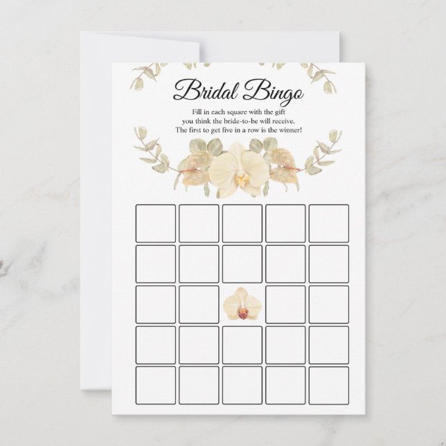 Invitación Bingo de novias marfil, beige, orquídeas y eucalip (Anverso)
