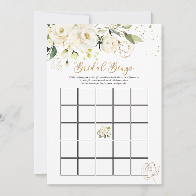 Invitación Bingo de Novias Rosas Blancas/Quién conoce mejor a (Anverso)