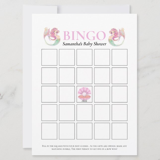 Invitación Bingo De Sirena De Baby Shower Bajo El Rosa Del Ma (Anverso)