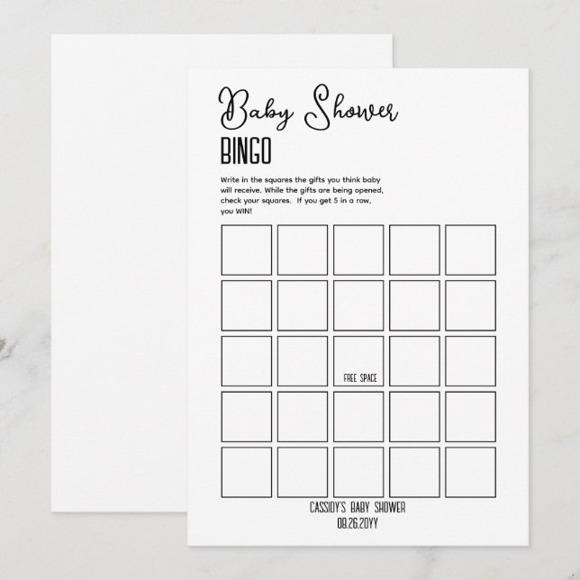 Invitación Bingo minimalista de Baby Shower (Anverso / Reverso)