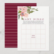 Bingo para Baby Shower de Rosa Floral y Borgoña