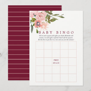 Invitación Bingo para Baby Shower de Rosa Floral y Borgoña