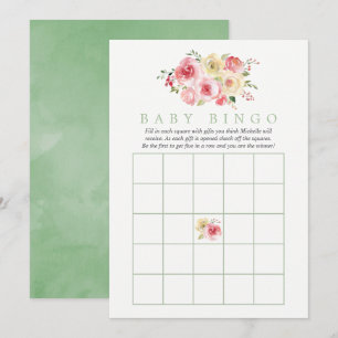Invitación Bingo para Baby Shower de Rosa Floral y Salvia