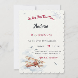 Invitación Biplano Rojo Vintage Acuarela El Tiempo Vuela Cump