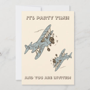 Invitación Biplanos Art Deco - azul Party Time sin detalles