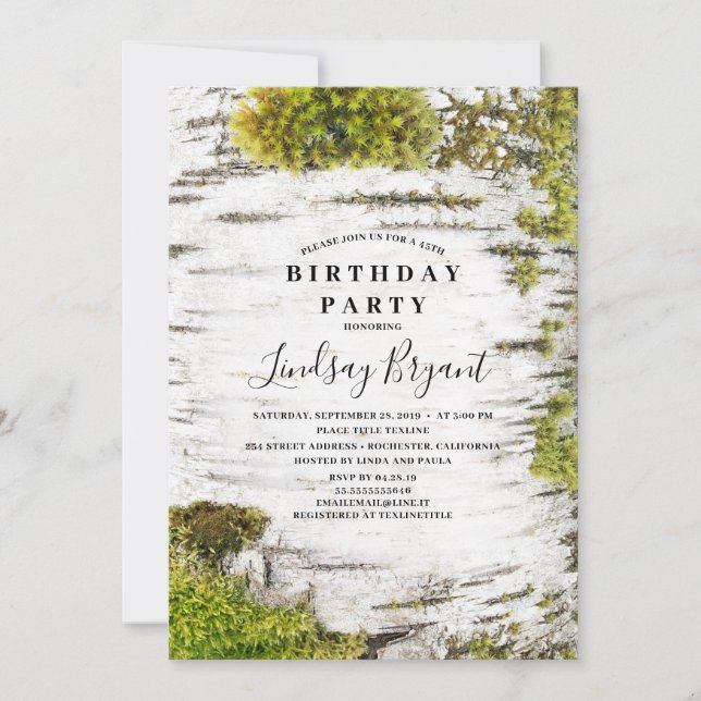 Invitación Birch Tree Bark Rustic Woodland Cumpleaños (Anverso)