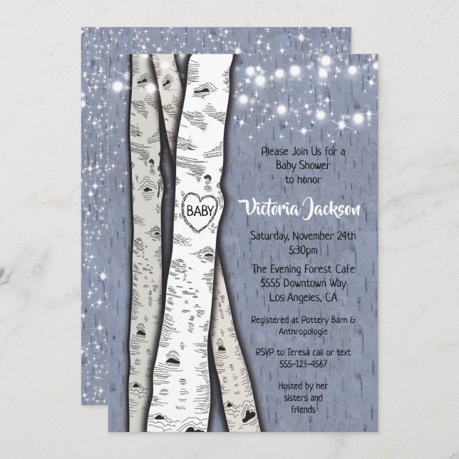 Invitación Birch Tree Evening Twinkle Lights Baby Shower (Anverso / Reverso)