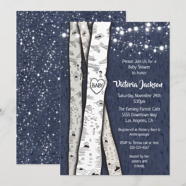 Invitación Birch Tree Evening Twinkle Lights Baby Shower (Anverso / Reverso)