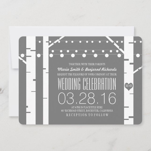 Invitación Birch Trees Heart & String Lights Invita a la boda (Anverso)