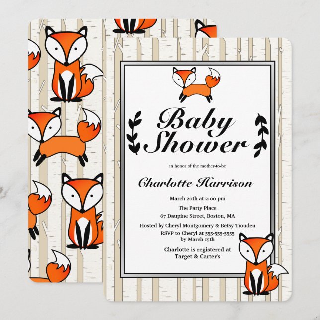 Invitación Birch Trees y Woodland Fox Baby Shower (Anverso / Reverso)