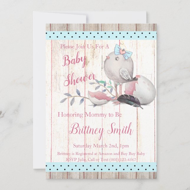 Invitación Bird, Baby Shower Party Invitation (Anverso)