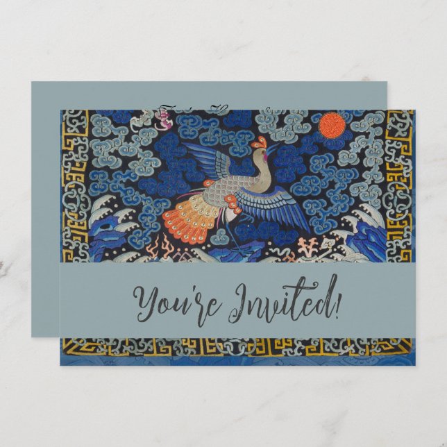 Invitación Bird Blue Chinese Embroidery Vintage (Anverso / Reverso)