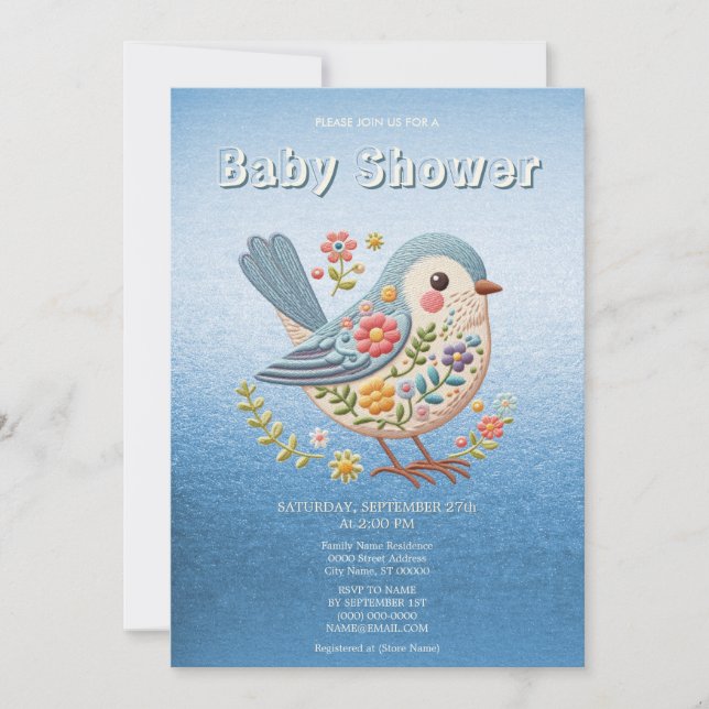 Invitación Bird Floral Embroidery Blue Baby Shower Inv (Anverso)