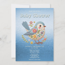 Invitación Bird Floral Embroidery Blue Baby Shower Inv