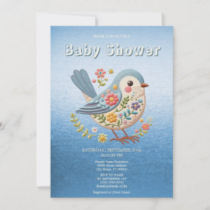 Invitación Bird Floral Embroidery Blue Baby Shower Inv