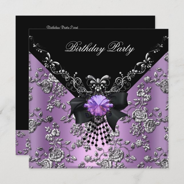 Invitación Birday Party Lilac Purple Black Silver Damask (Anverso / Reverso)