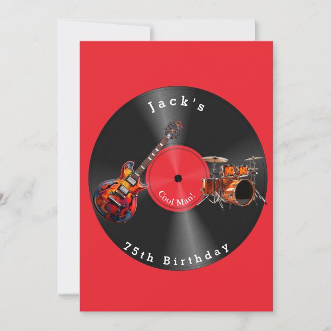 Invitación Birday Retro Vinyl Record Rock Rock Guitarra (Anverso)