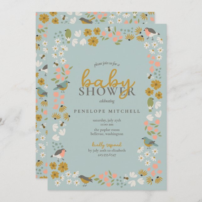Invitación Birds and Bees Floral Baby Shower  (Anverso / Reverso)