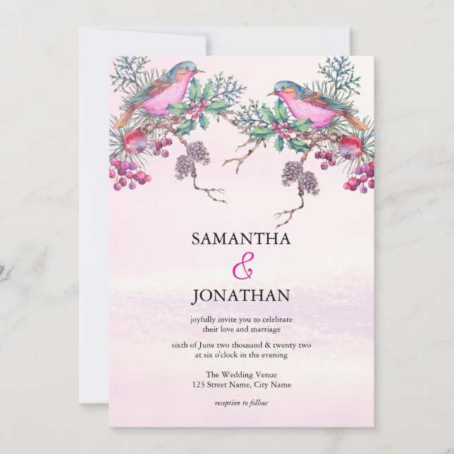 Invitación Birds & Berries Pinecone Watercolor Winter Wedding (Anverso)