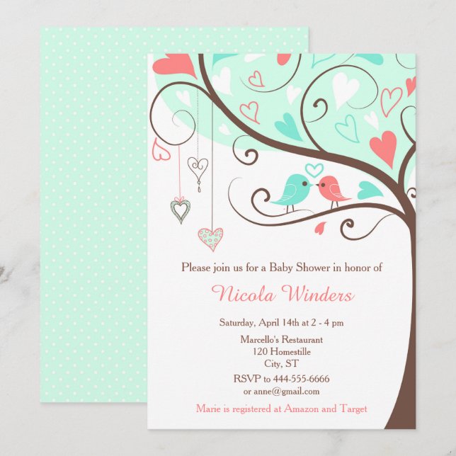 Invitación Birds Hearts Tree Mint y Coral Baby Shower (Anverso / Reverso)