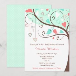 Invitación Birds Hearts Tree Mint y Coral Baby Shower