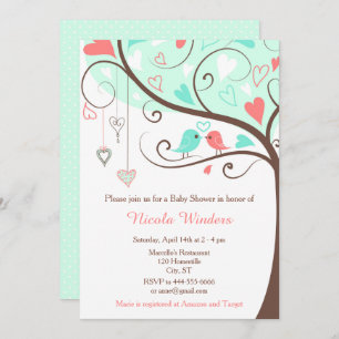 Invitación Birds Hearts Tree Mint y Coral Baby Shower