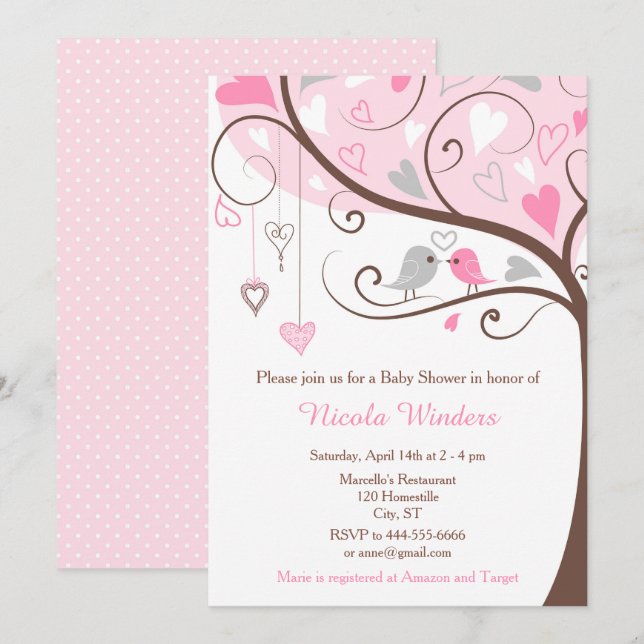Invitación Birds Hearts Tree Pink Baby Shower (Anverso / Reverso)