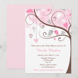 Invitación Birds Hearts Tree Pink Baby Shower