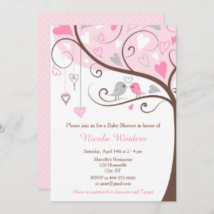 Invitación Birds Hearts Tree Pink Baby Shower