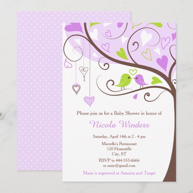 Invitación Birds Hearts Tree Purple and Green Baby Shower (Anverso / Reverso)