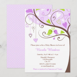 Invitación Birds Hearts Tree Purple and Green Baby Shower