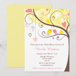 Invitación Birds Hearts Tree Yellow and Coral Baby Shower