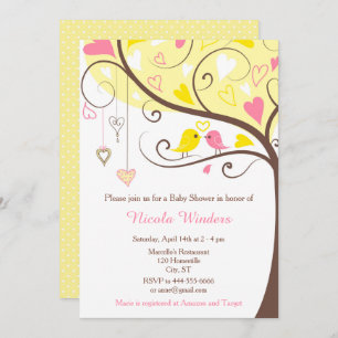 Invitación Birds Hearts Tree Yellow and Coral Baby Shower