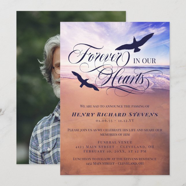 Invitación Birds Ocean Beach Para Siempre En Nuestro Corazón (Anverso / Reverso)