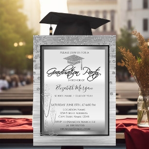 Invitación Birrete de graduación plateado, diamantes de vidri