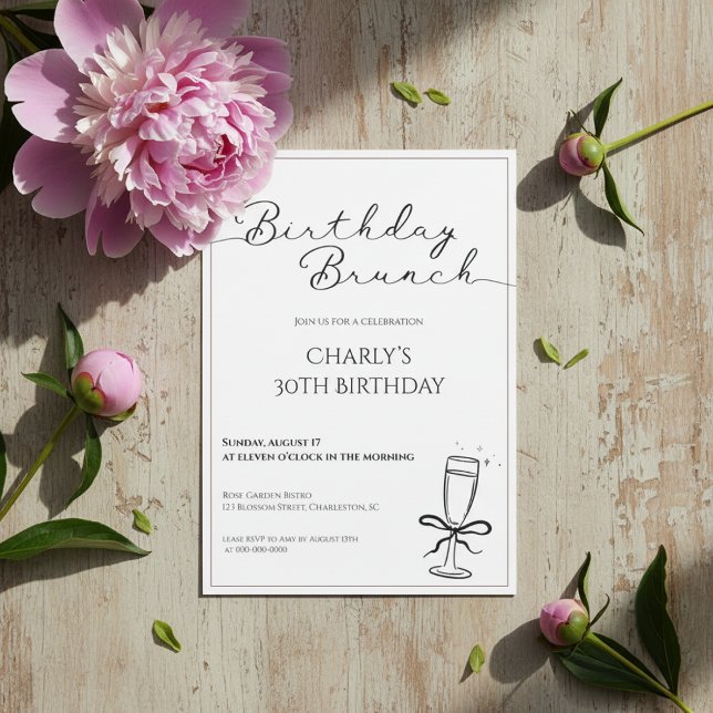 Invitación Birthday Brunch Invitation for Women (Birthday brunch invitation with pink peony and buds on rustic wooden background.)