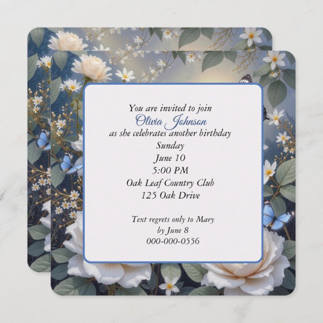 Invitación Birthday Butterflies On White Roses and Daisies (Anverso / Reverso)