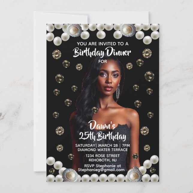 Invitación Birthday Dinner Black, Diamond, & Pearl Photo (Anverso)