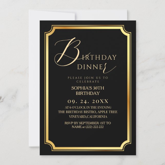 Invitación  Birthday Dinner Modern & Minimal Black  (Anverso)