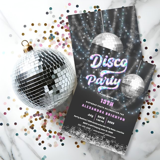 Invitación Birthday Disco Fiesta (Birthday disco party invitation front and back view.)