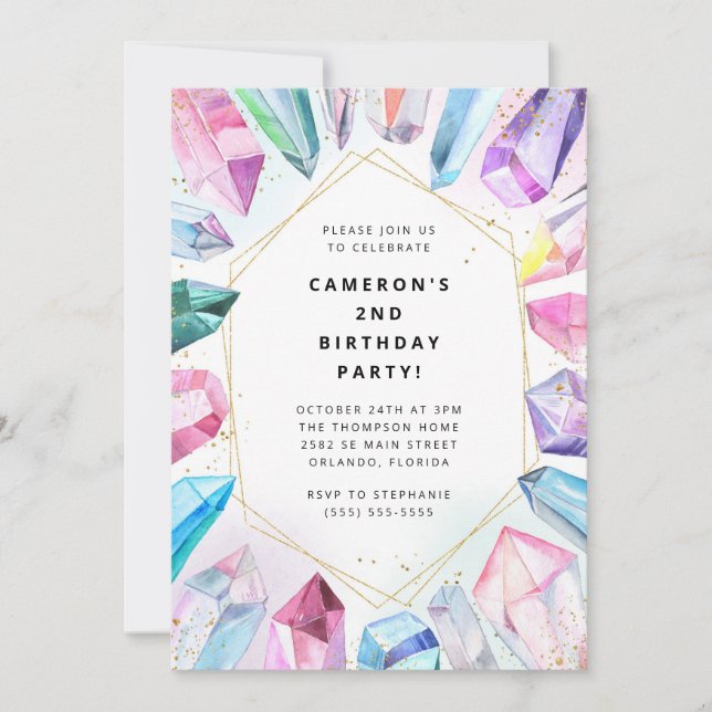 Invitación Birthday Gem Party Crystals Girl's watercolor Invi (Anverso)