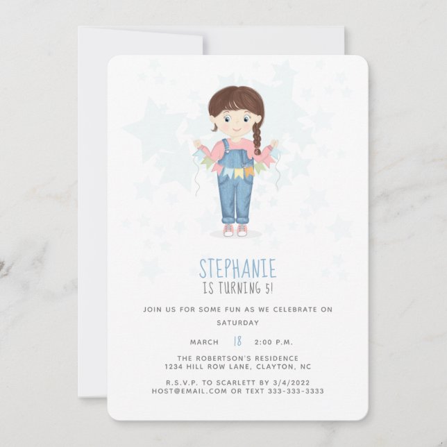 Invitación Birthday Girl in Overalls Brunette (Anverso)