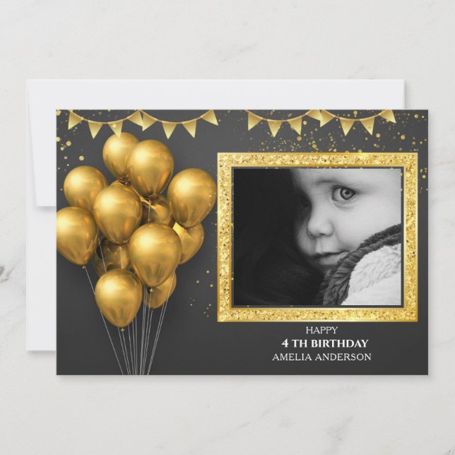 Invitación  Birthday Gold Silver Black Balloons (Anverso)