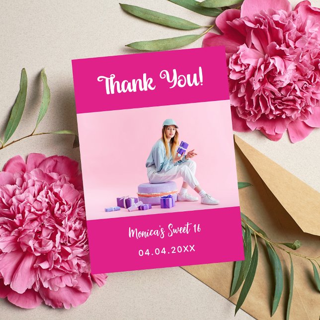 Invitación Birthday hot pink photo thank you card (Subido por el creador)