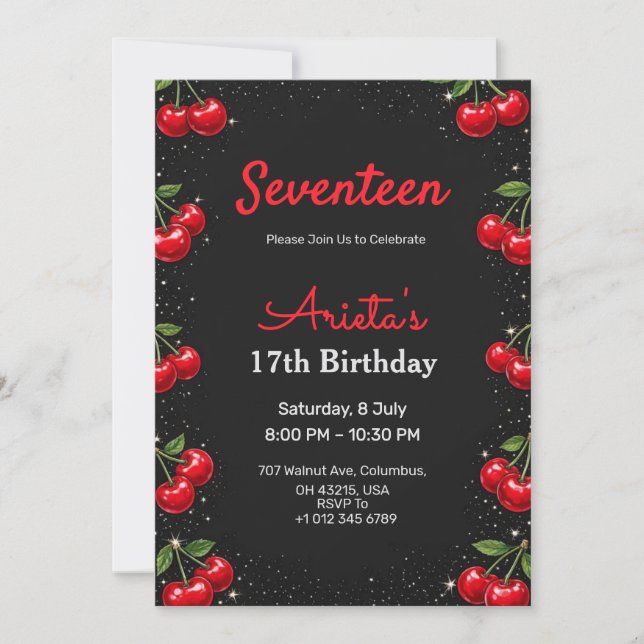 Invitación Birthday invitation black back in cherries theme (Anverso)