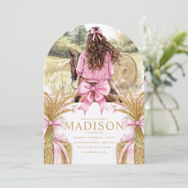 Invitación Birthday Invitation Brunette Girl Riding Horse (Anverso de pie)