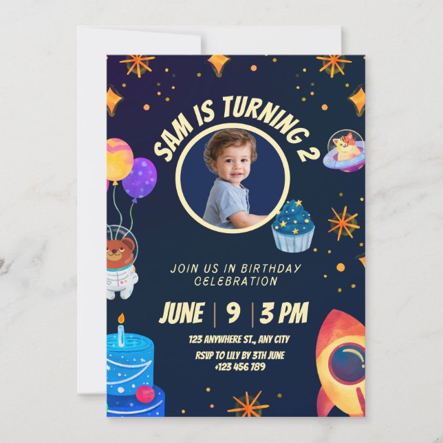 Invitación Birthday Invitation Space Rocket for kids  (Anverso)
