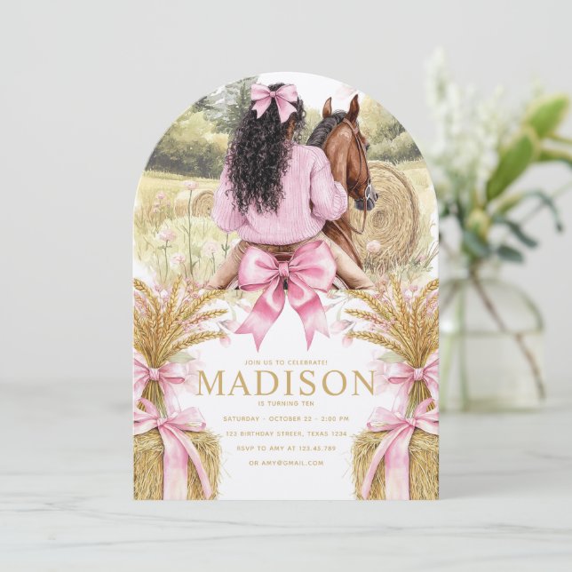 Invitación Birthday Invitation with Black Girl Riding Horse (Anverso de pie)